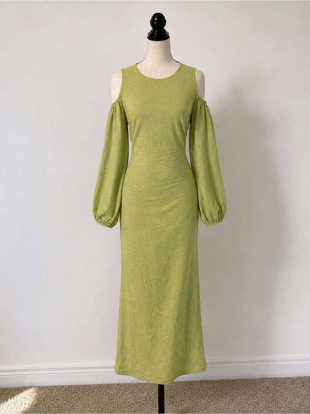 SHEIN Olive Green Cold Shoulder Bodycon Balloon Sleeve Maxi Dress size 12